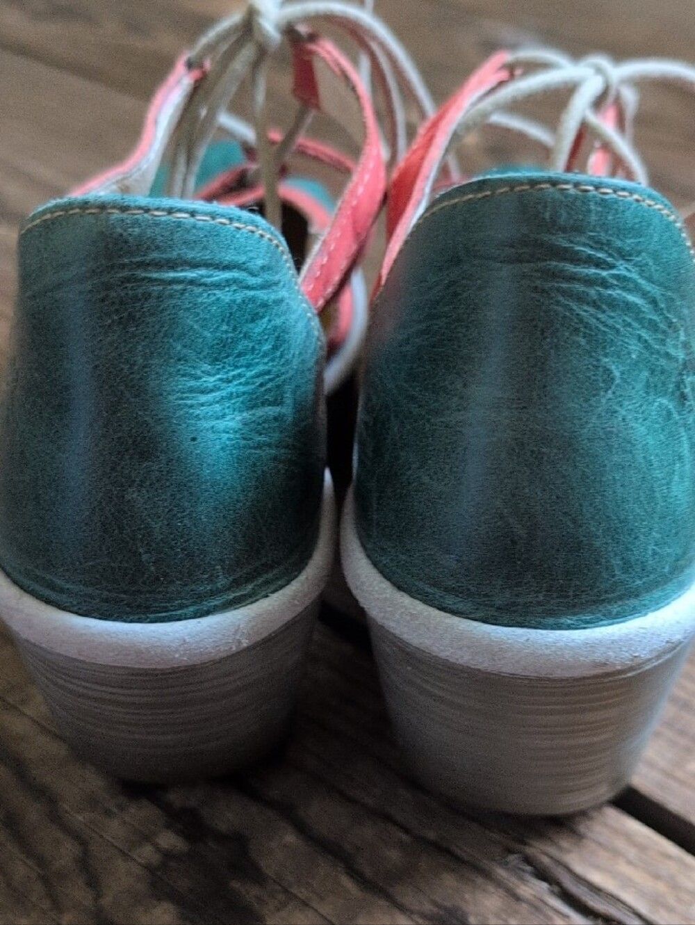 FLY London Teal + Coral Mary Jane Wedges - Picture 2 of 8